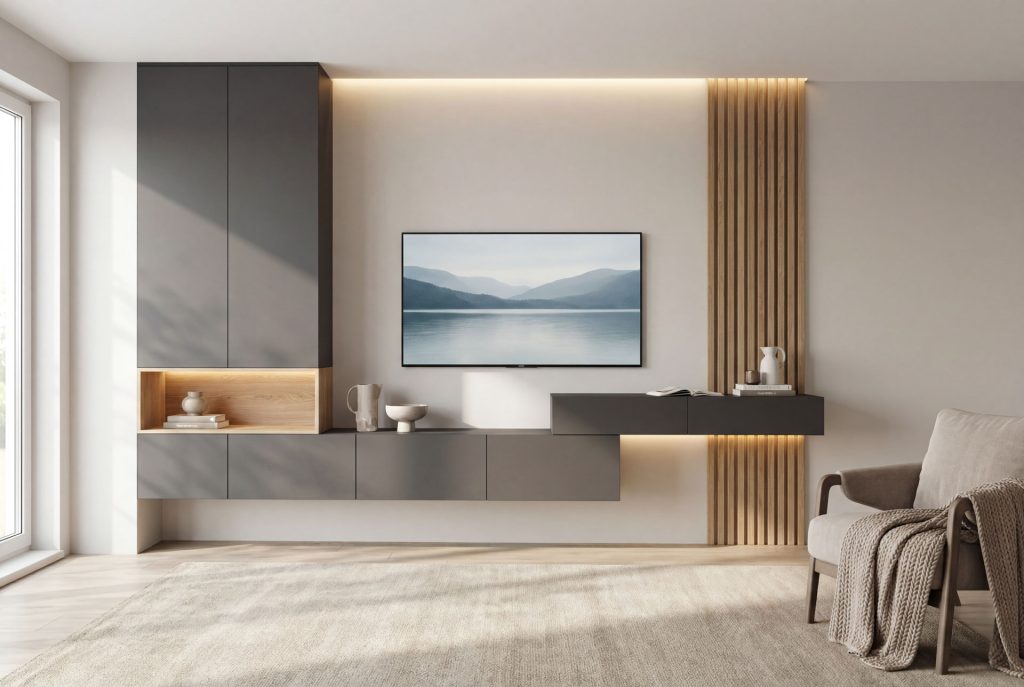 Interiér na mieru - obývačka . U nás v MOJASKRINA.SK máte všetko od návrhu, zameranie po montáž všetko pod jednou strechou.