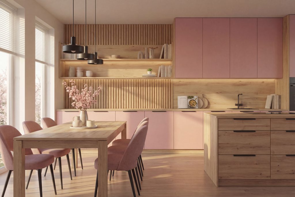 Kuchyňa spojená s jedálňou vo farbe mesiaca marec. Antická ružová a dub davos prírodný. Trendy v intriéry pre vaše bývanie od MOJASKRINA.SK