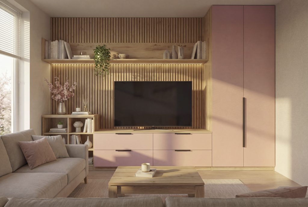 Obývačka vo farbe mesiaca marec - antická ružová a dub davos prírodný od interiérového štúdia MOJASKRINA.SK