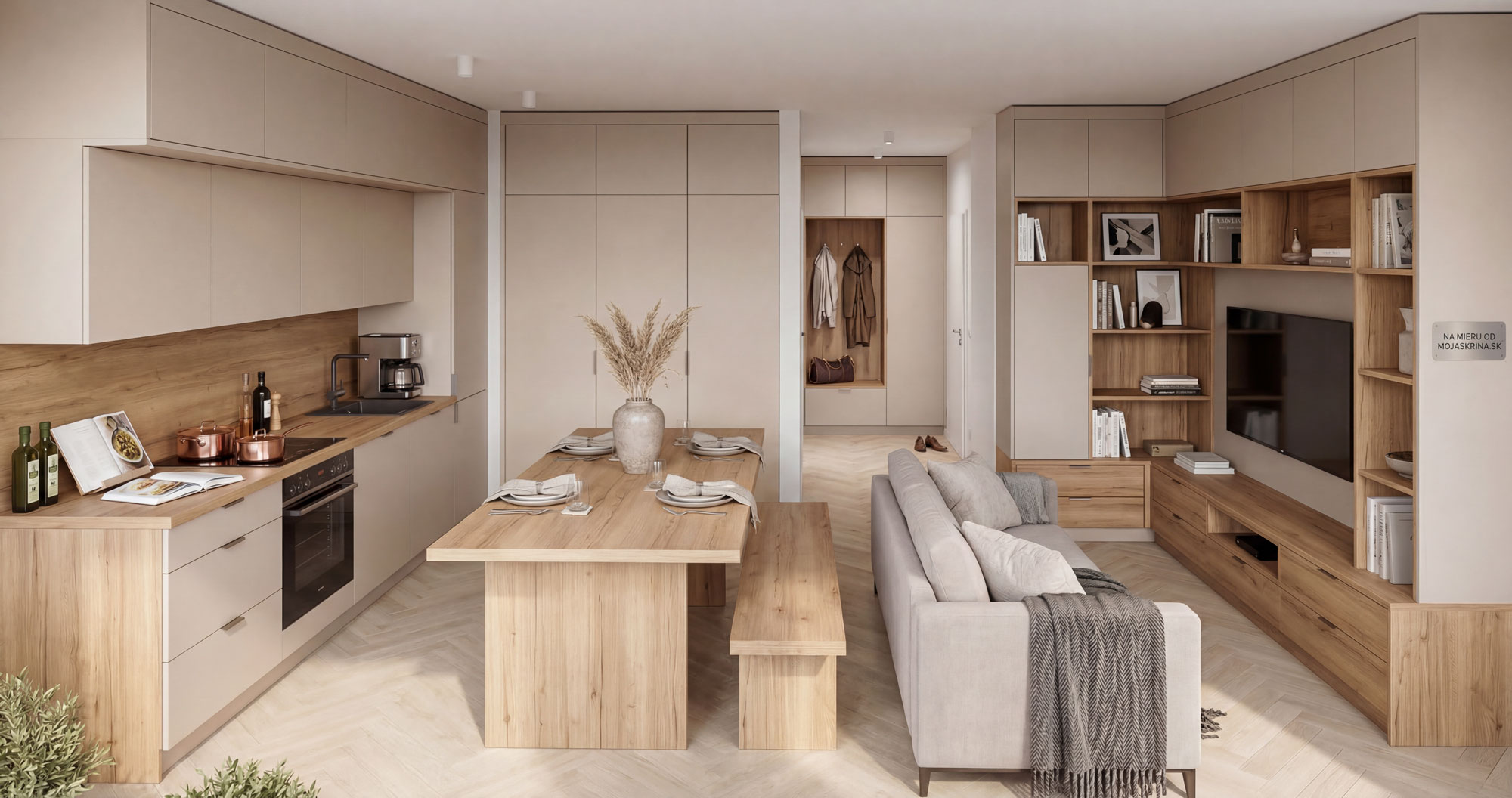 Celkový pohľad na byt v kombinácii kašmírová sivá a Dub Halifax prírodný – kuchynská linka, predsieň aj obývacia stena