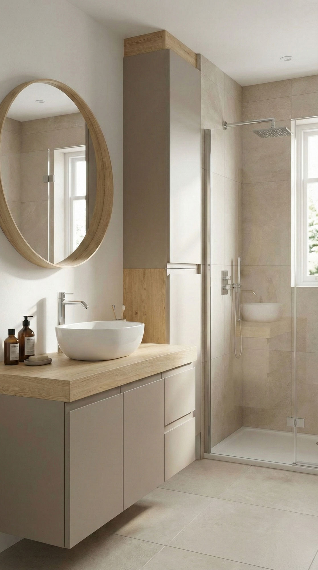 Kúpeľňový nábytok na mieru v kašmírovej sivej s policami z Dubu Halifax prírodného