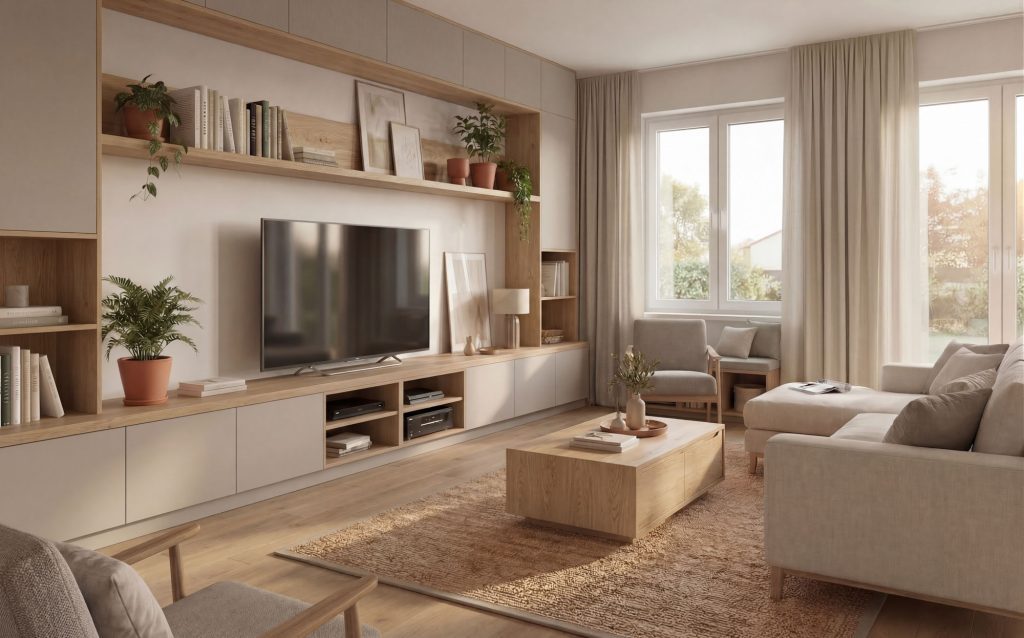 Obývacia zostava na mieru v kašmírovej sivej s TV stenou z Dubu Halifax prírodného