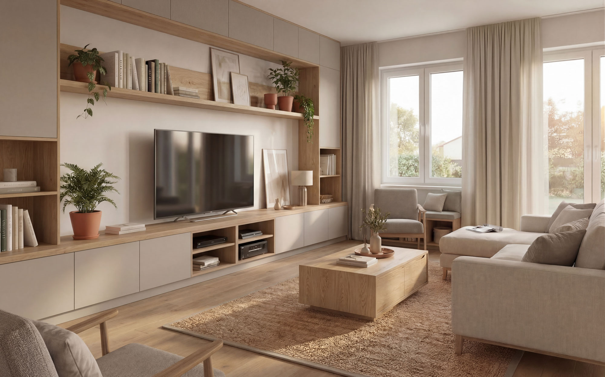 Obývacia zostava na mieru v kašmírovej sivej s TV stenou z Dubu Halifax prírodného