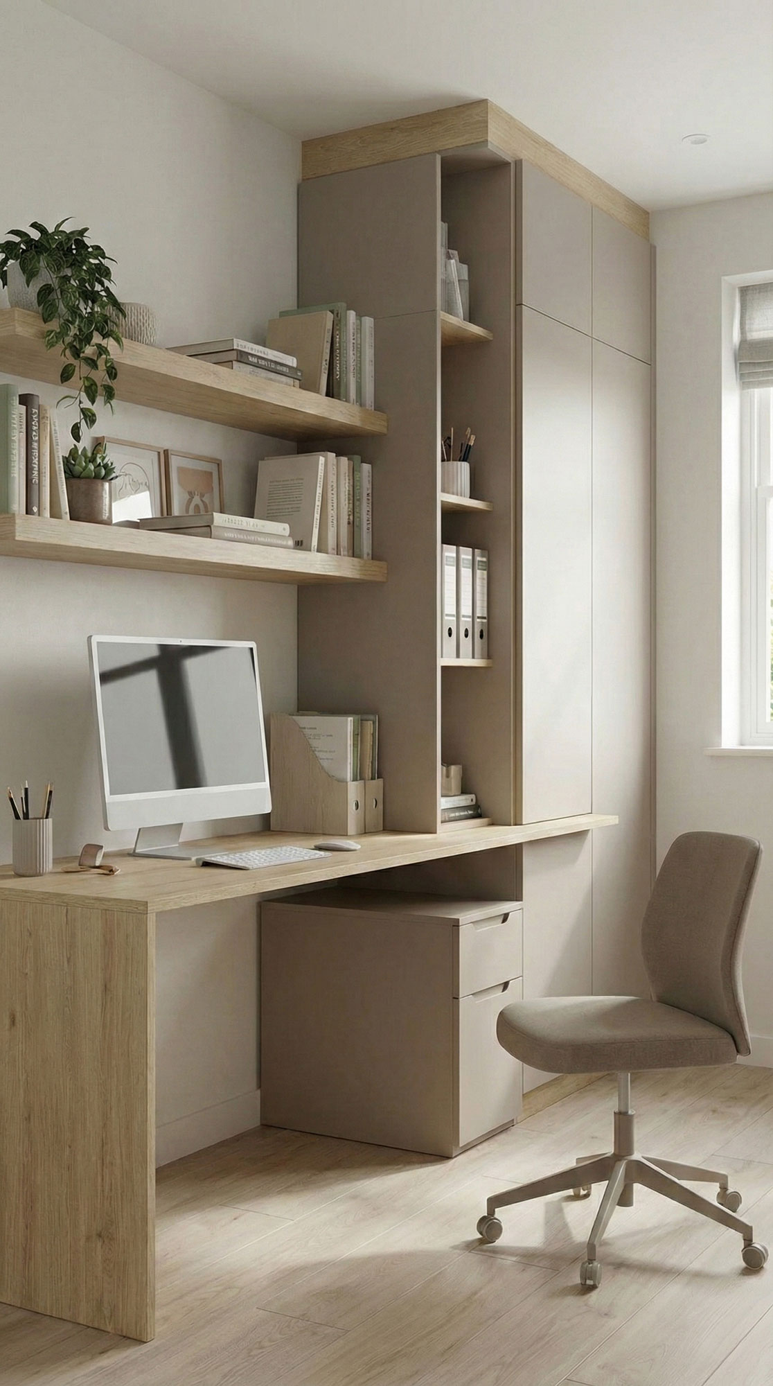 Pracovný kút na mieru s písacím stolom z Dubu Halifax prírodného a kašmírovo sivými skrinkami