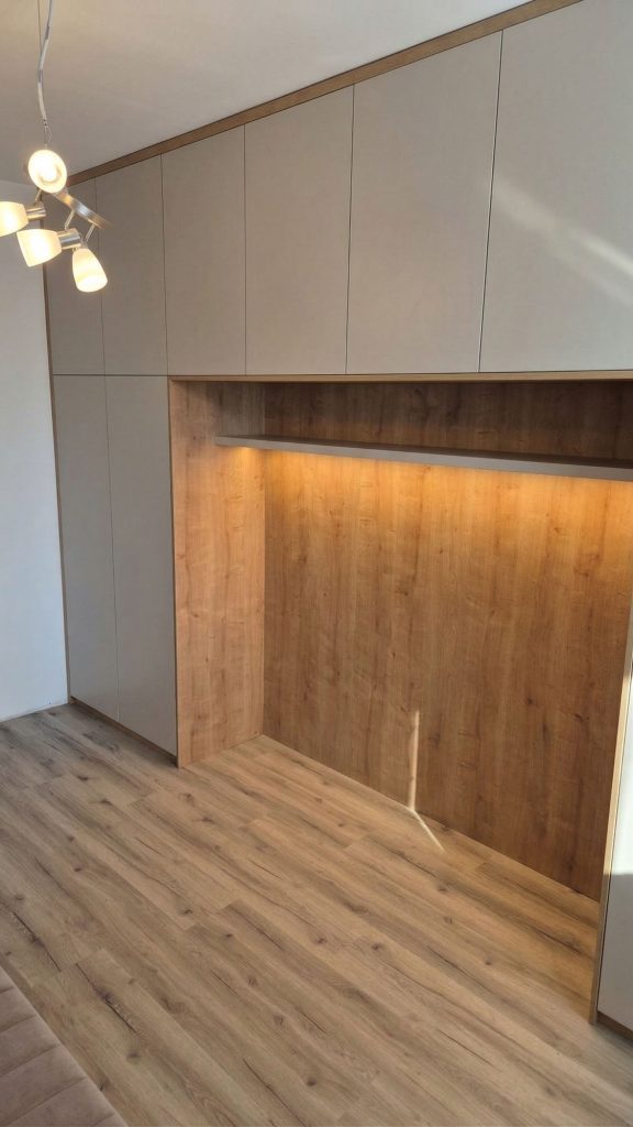 Realizácia nábytku na mieru vo farbe mesiaca Kašmírová šedá a Dub Halifax prírodný