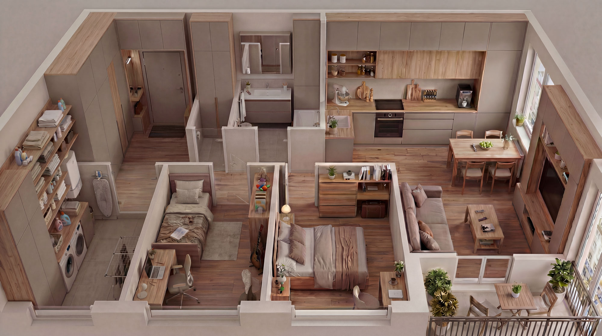 Vizualizácia bytu vo farbe mesiaca apríl - kašmír a dub halifax prírodný