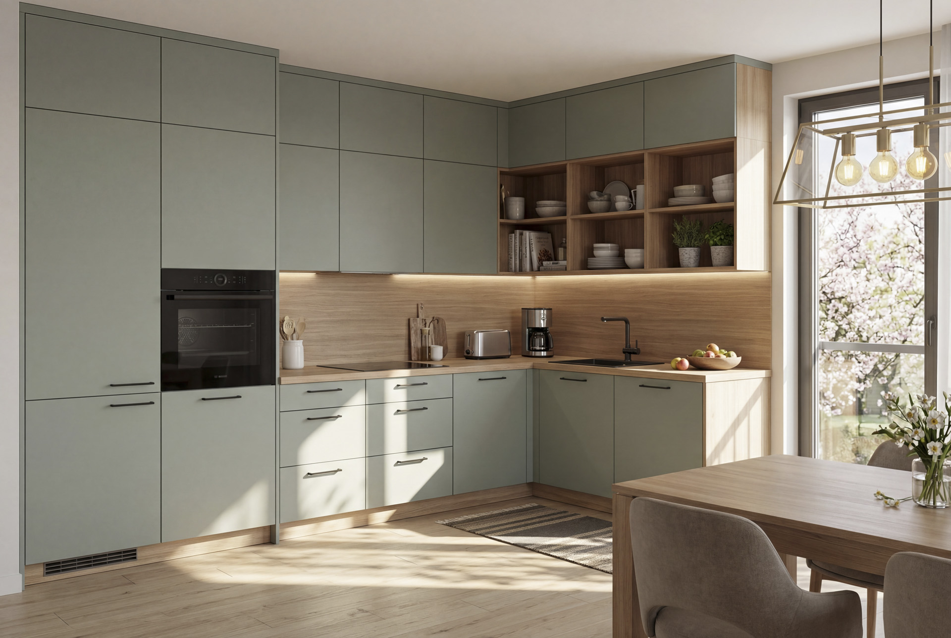 Kuchyňa na mieru eukalyptus zelený a dub corbridge prírodný.