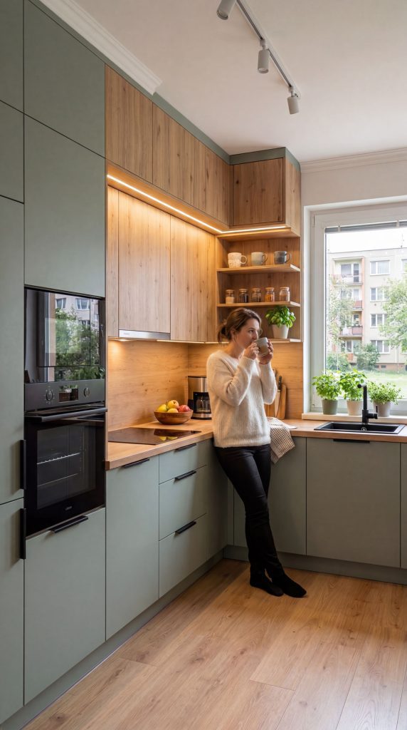 Realizácia kuchyne na mieru v dekore eukalyptus zelený a dub corbridge