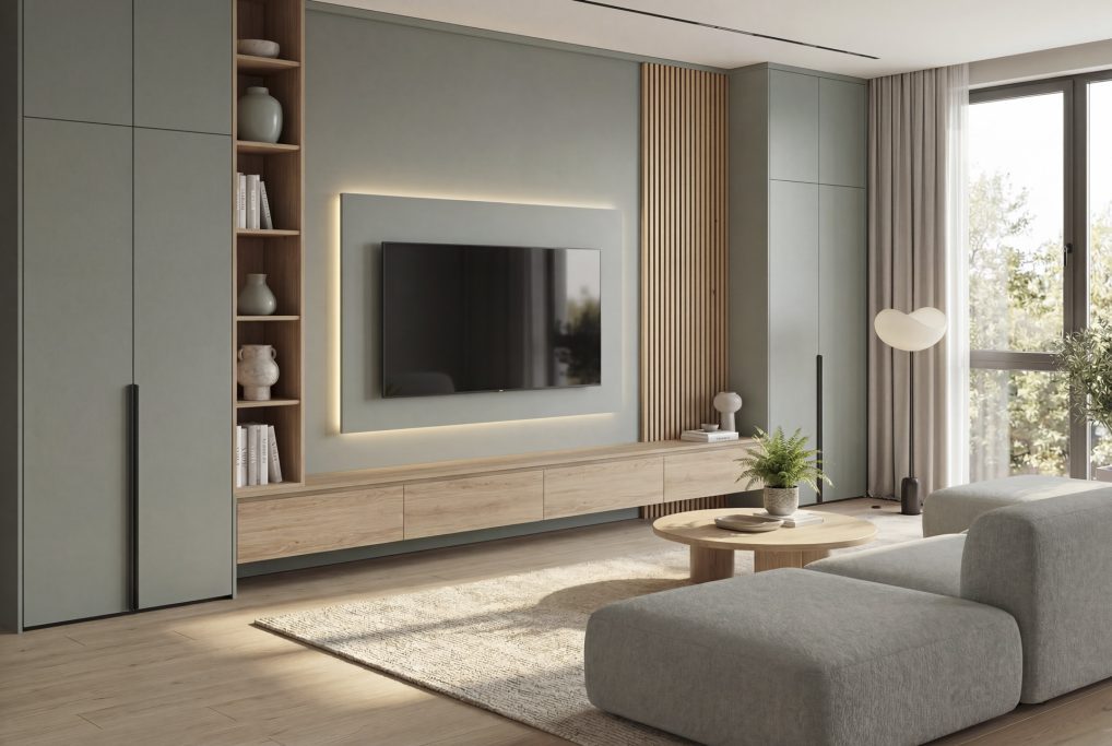 Obývačka na mieru v kombinácii dekorov Eukalyptus zelený a Dub Corbridge prírodný