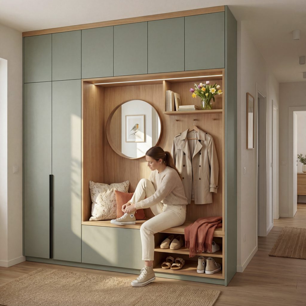 Chodbová zostava na mieru v dekore eukalyptus zelený a dub corbridge prírodný.