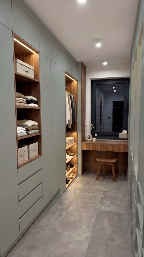 Šatník na mieru v dekore -eukalyptus zelený a dub corbridge prírodný.