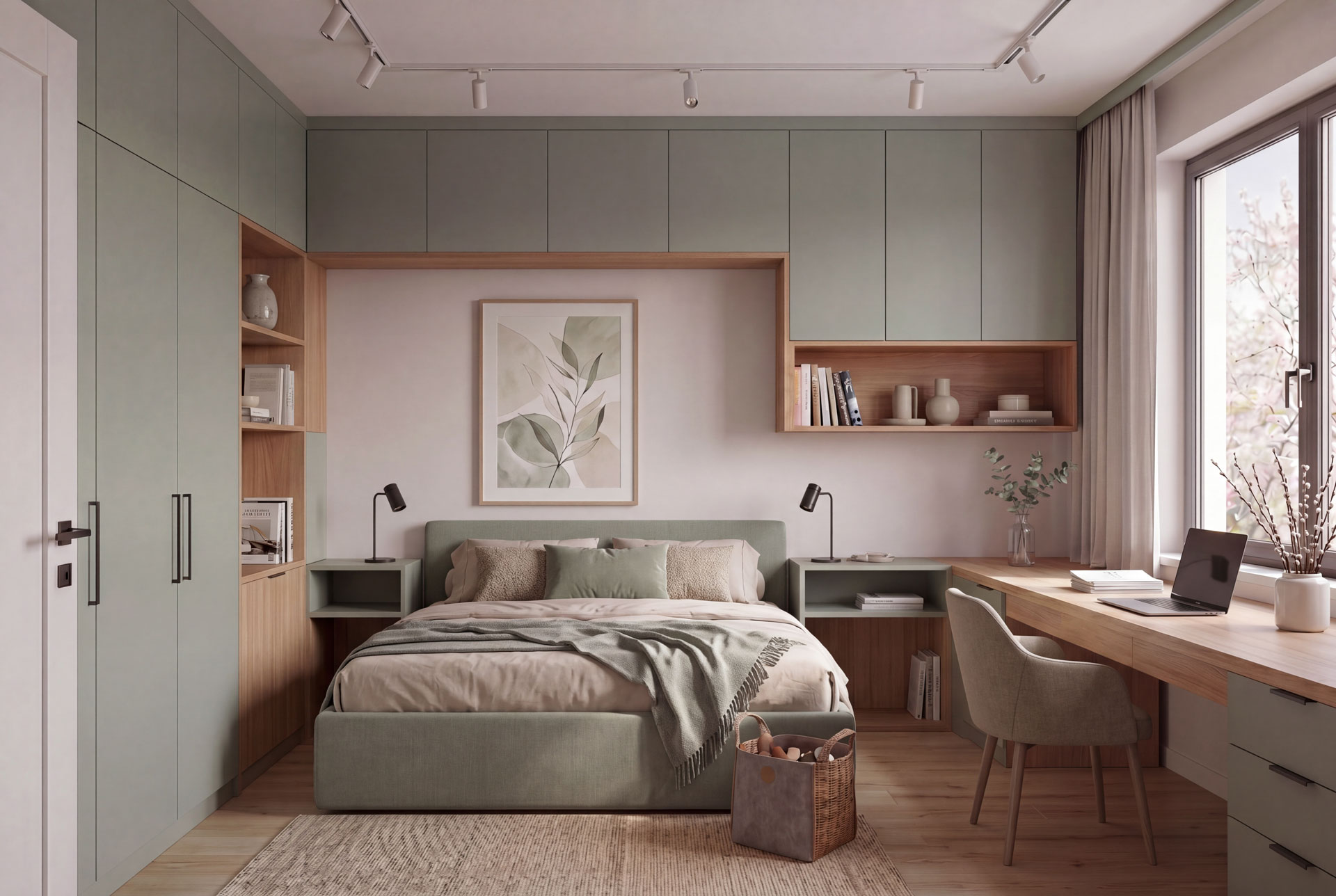 Spálňa na mieru v dekore eukalyptus zelený a dub corbridge.