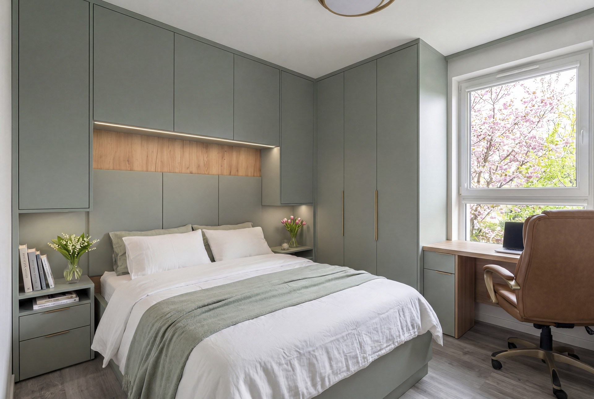 Spáleň na mieru vo farbe mesiaca eukalyptus zelený a dub Corbridge prírodný