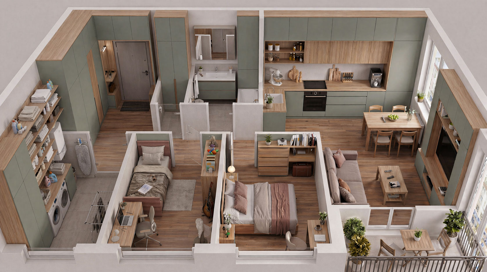 Vizualizácia bytu vo farbe mesiaca máj.