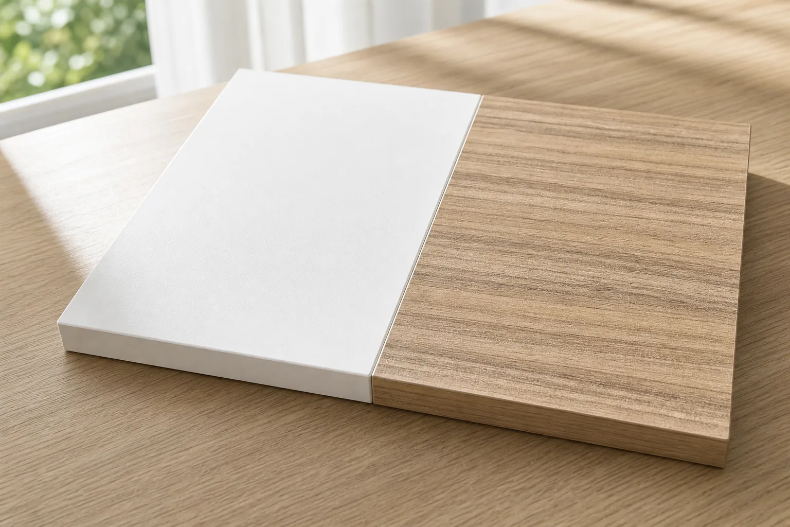 Detail materiálov alpská biela W1100 ST9 a Coco Bolo prírodný H3012 ST22 pre nábytok na mieru